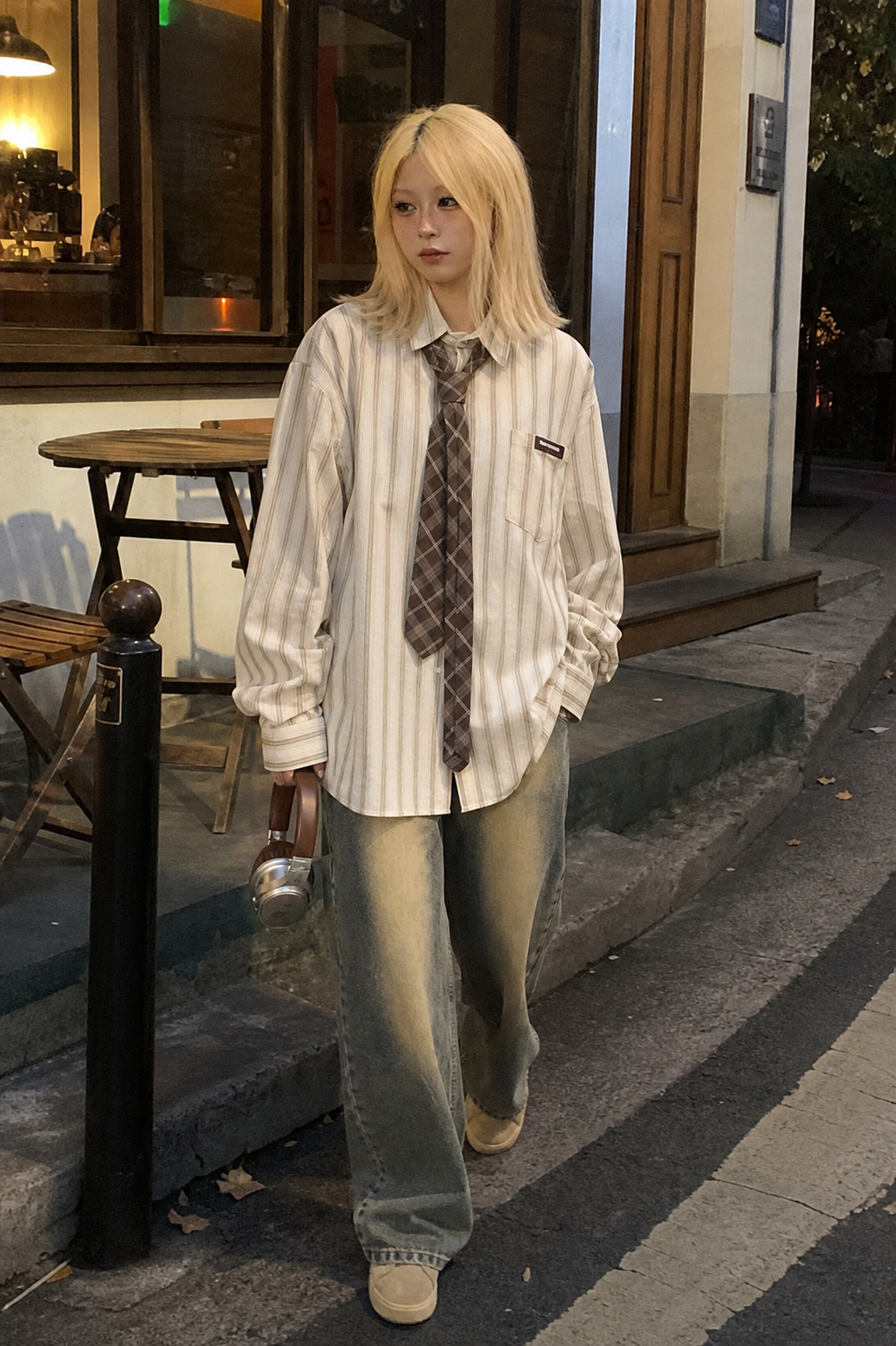 Oversized Striped Button-Up Long Sleeve Shirt showcase 5