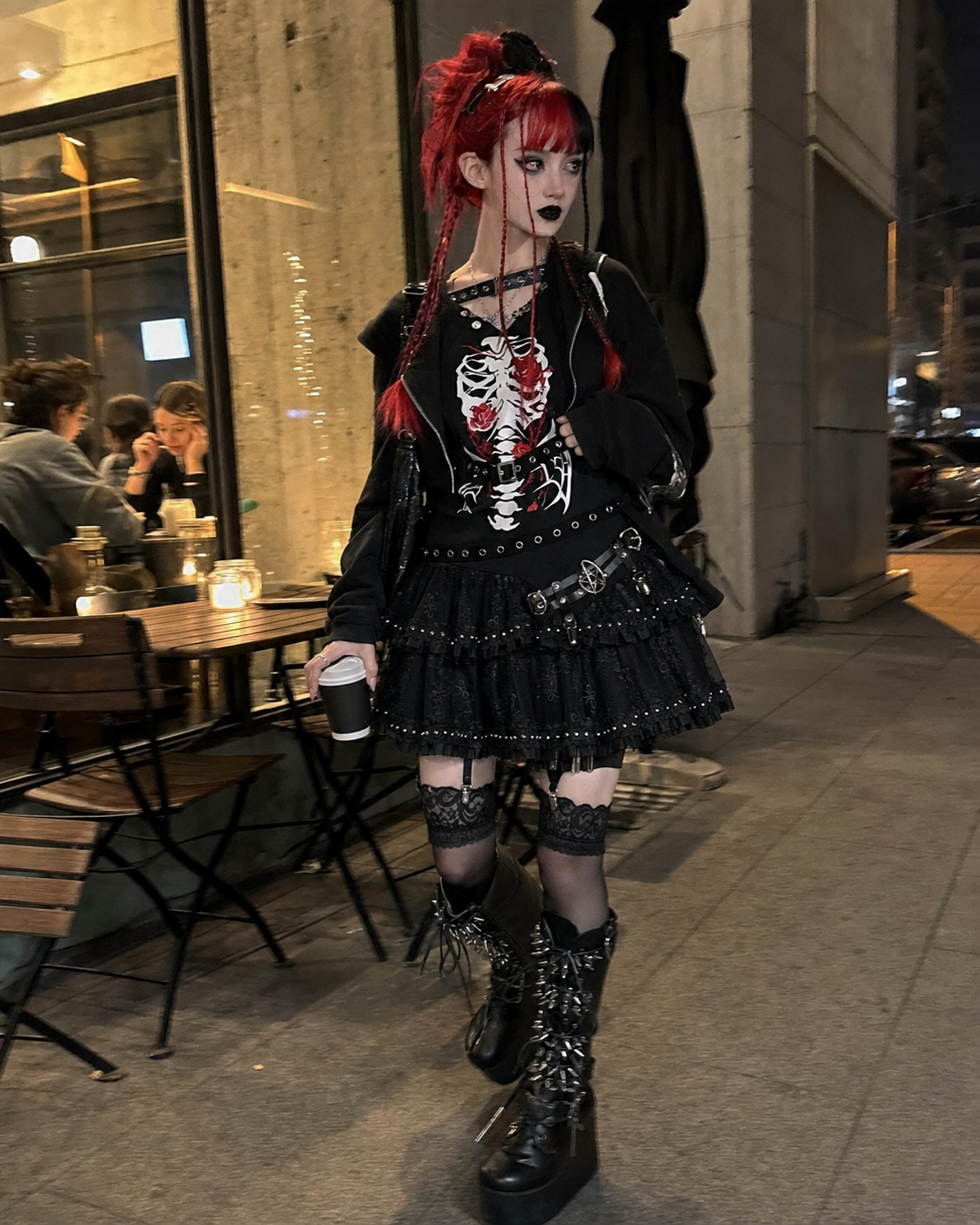Gothic Lolita Tiered Ruffle Mini Skirt with Floral Lace and Studded Trim showcase 5