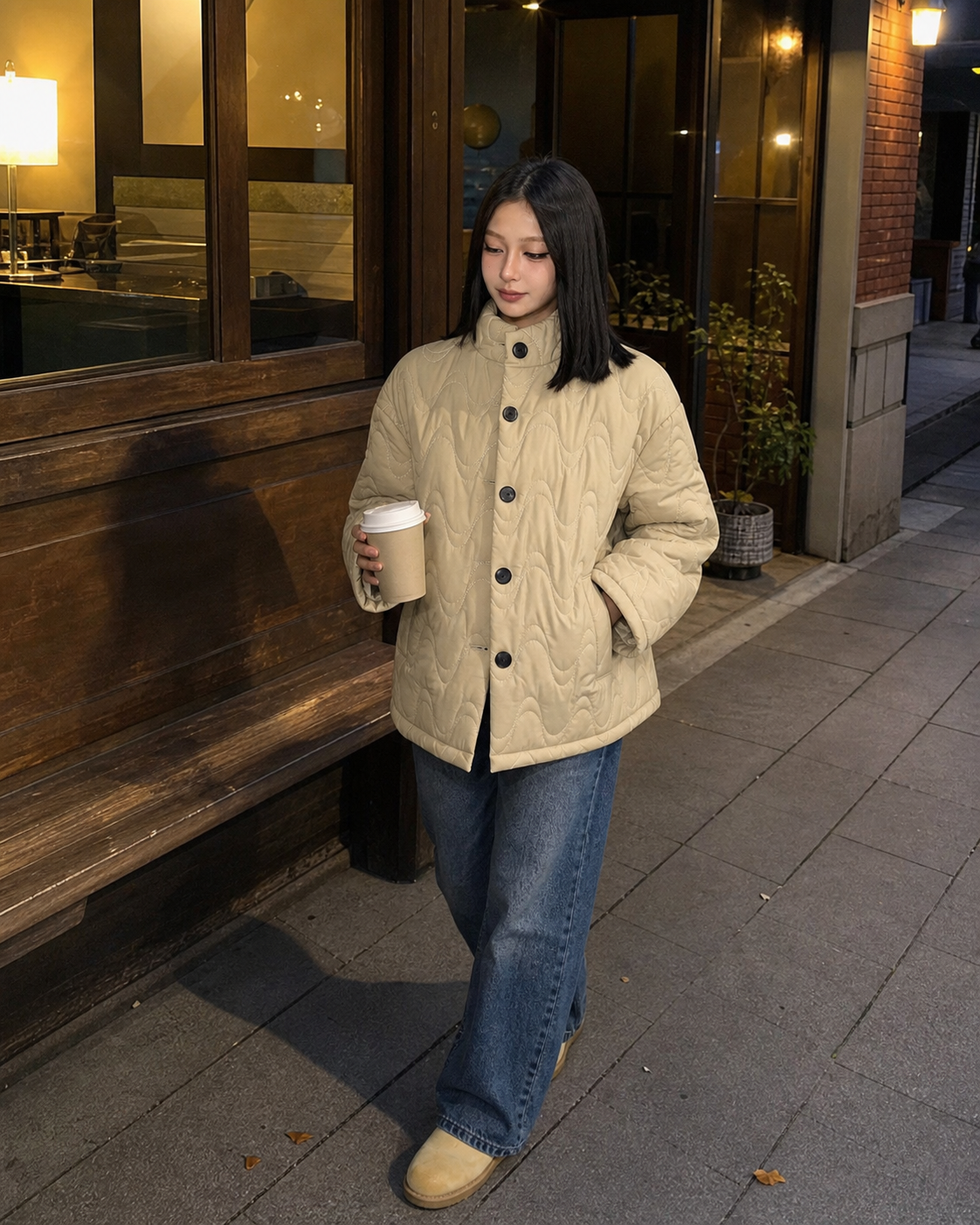 Cream Wave Quilted Stand-Collar Jacket showcase 5