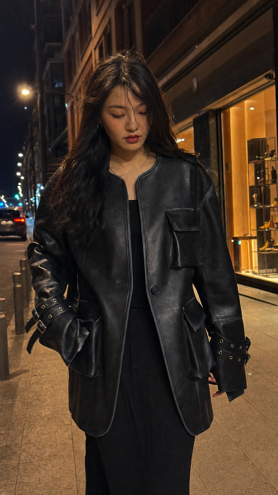 Vintage Pu Leather 3D Pocket No-Collar Jacket showcase 5