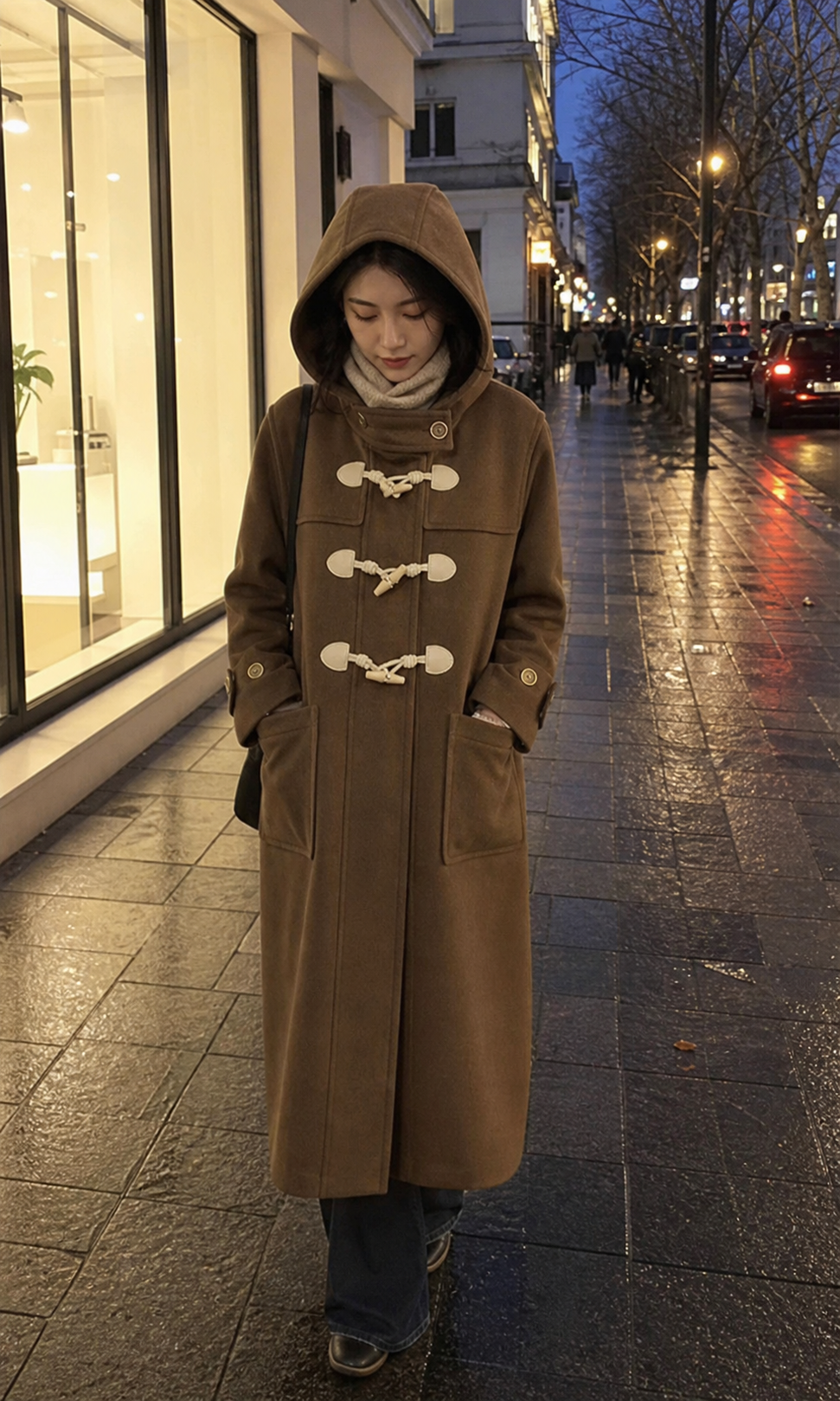 Winter Thicken College Style Hooded Mid-Length Melton Wool Coat showcase 5