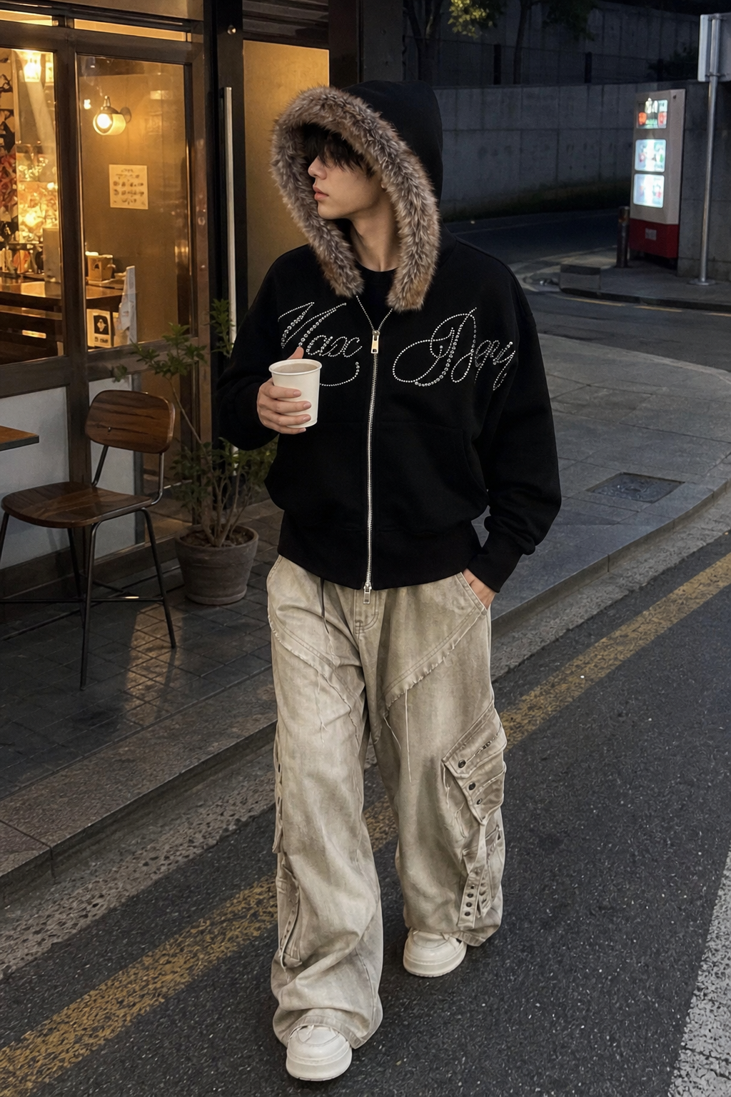 Men's Faux-Fur Hooded Rhinestone Letter Zip-Up Hoodie showcase 5
