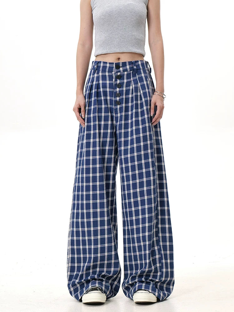 Plaid button wide-leg pants blue plaid front view