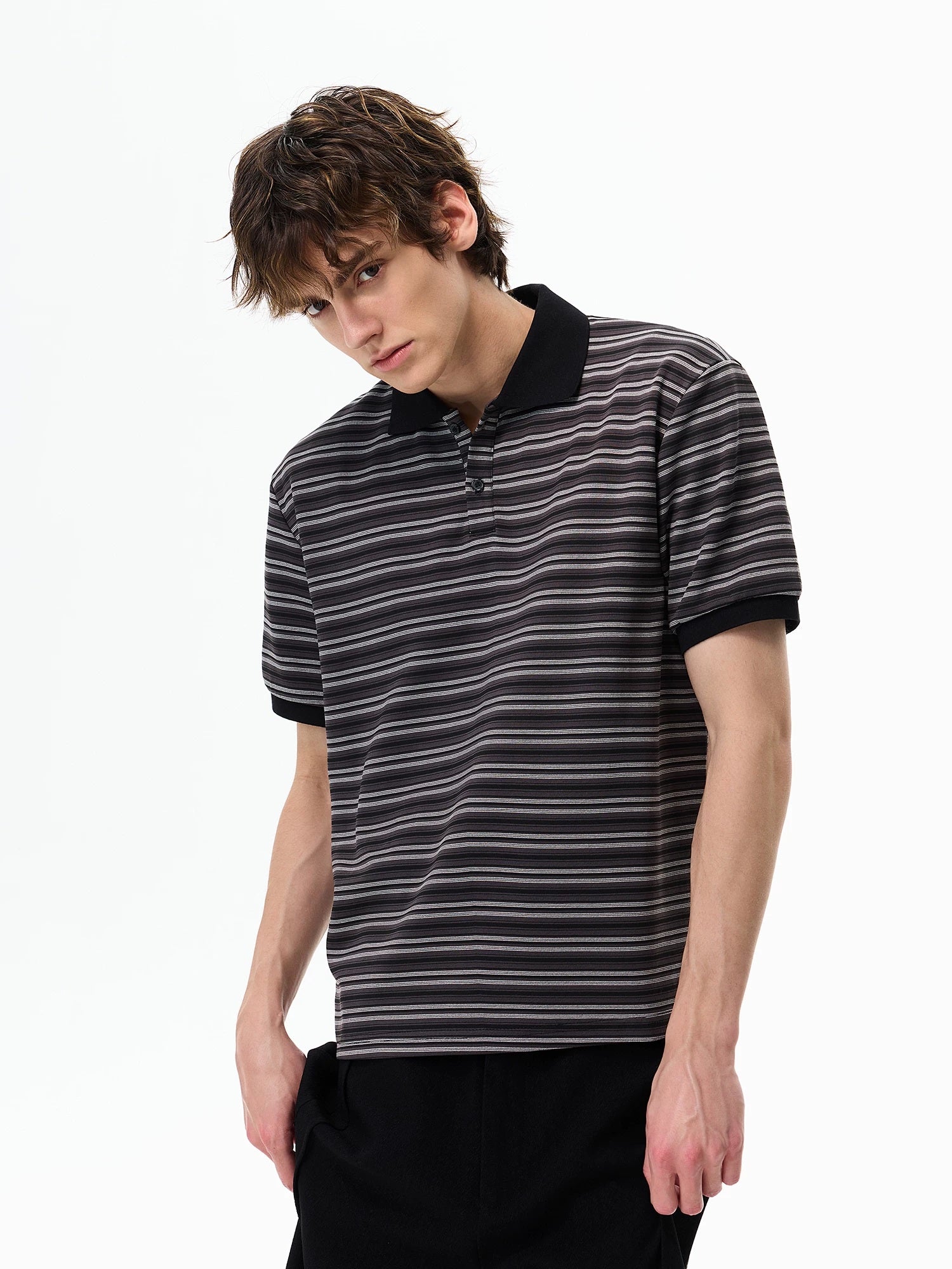Retro Contrast-Stripe Polo T-Shirt Black angled view