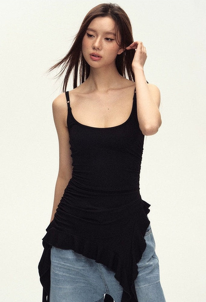Ruched Asymmetric Black Cami Top