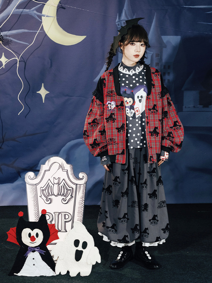 Witch Print Plaid Puff Sleeve Jacket