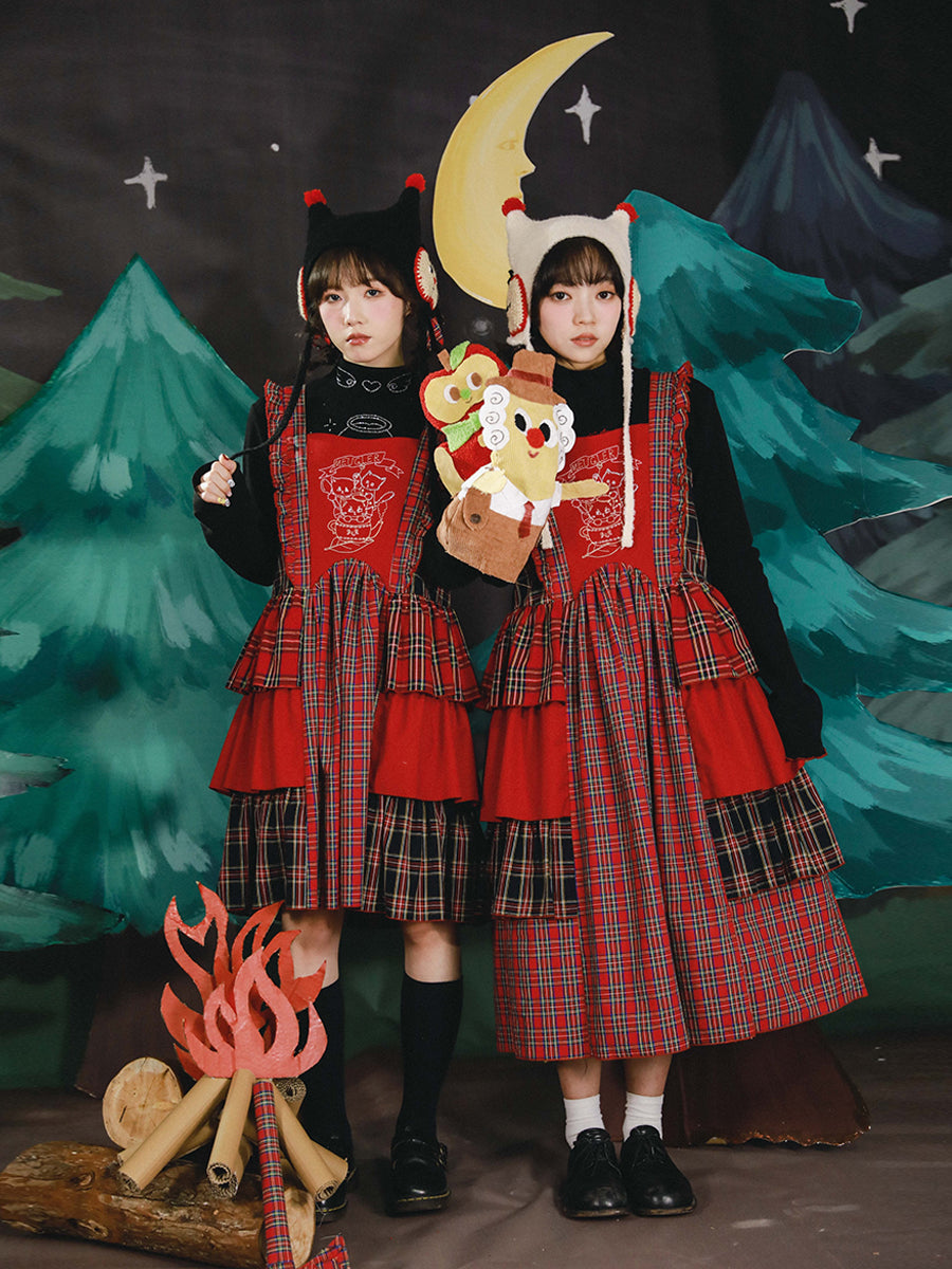 Red Plaid Tiered Pinafore Dress