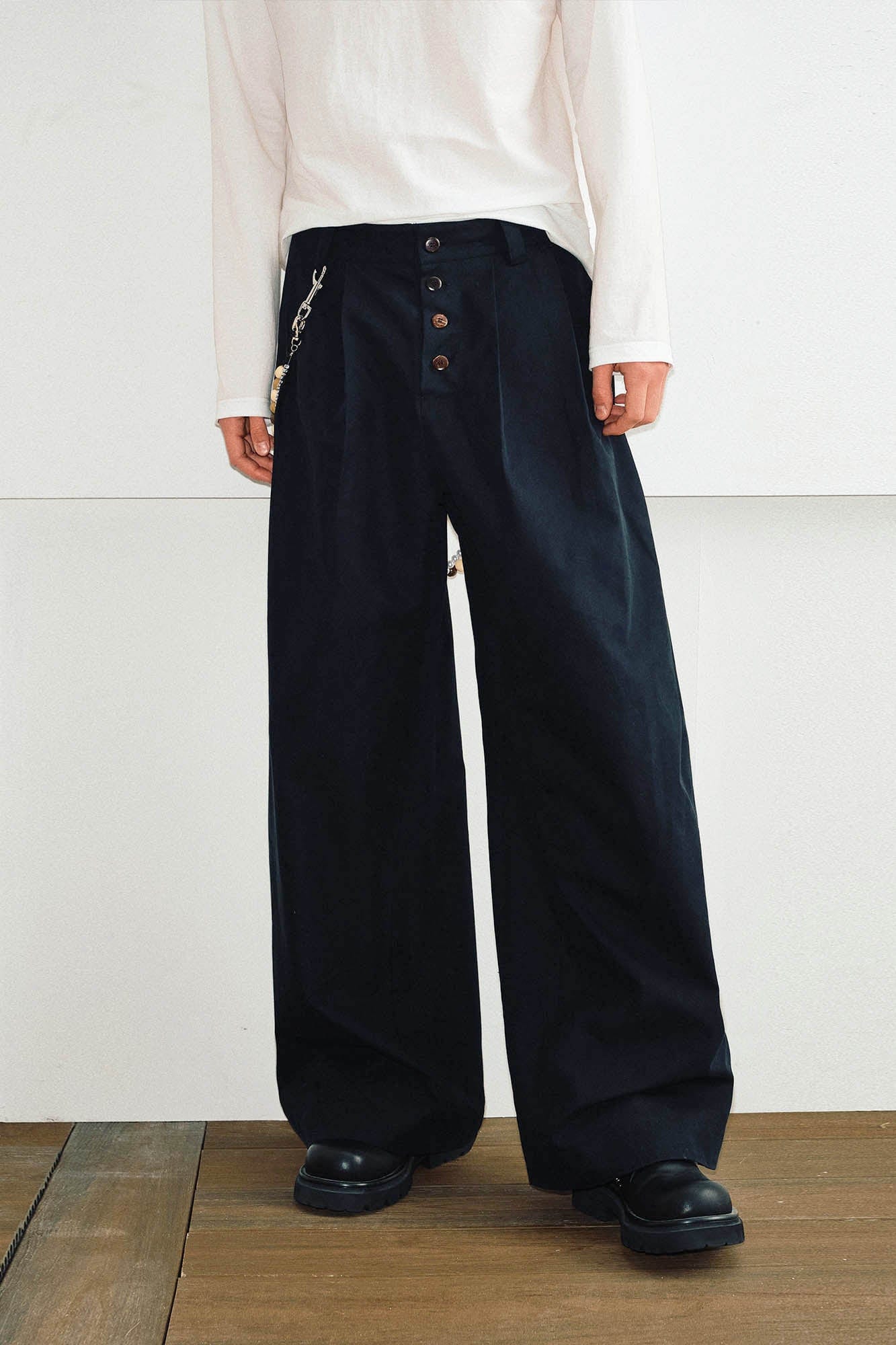 Wide-Leg Navy Trousers with Button Fly