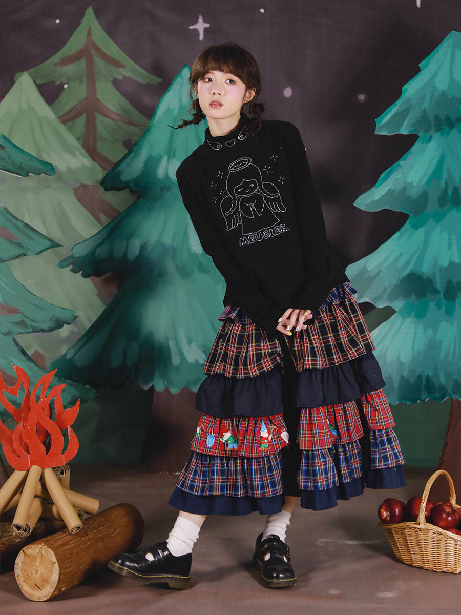 Plaid Gnome Print Tiered Ruffle Skirt