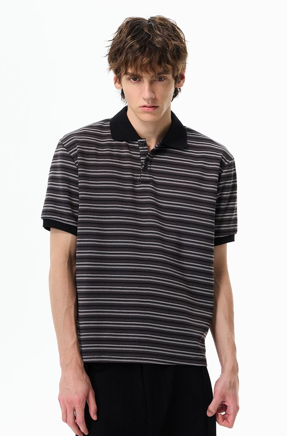 Retro Contrast-Stripe Polo T-Shirt Black upper-body view