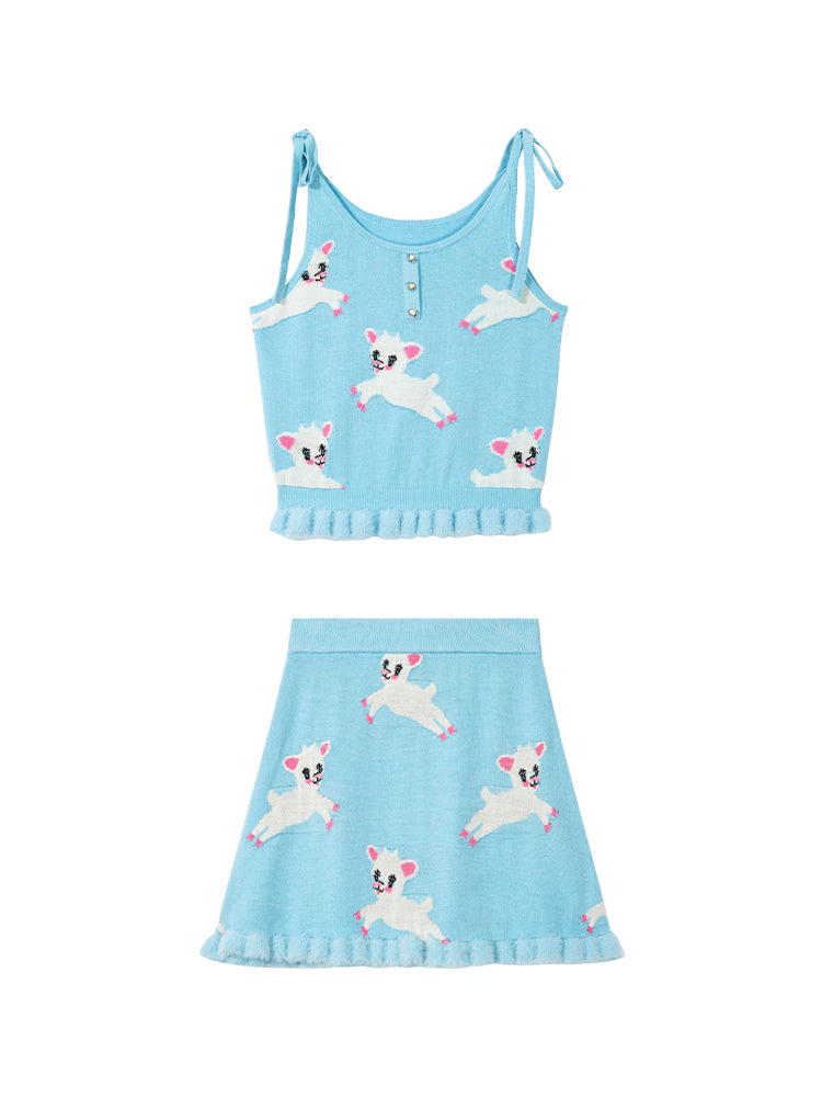 Lamb Print Knit Tank Top and Skirt Set