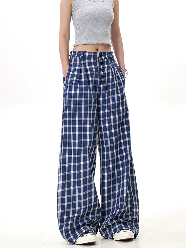 Plaid button wide-leg pants blue plaid relaxed fit