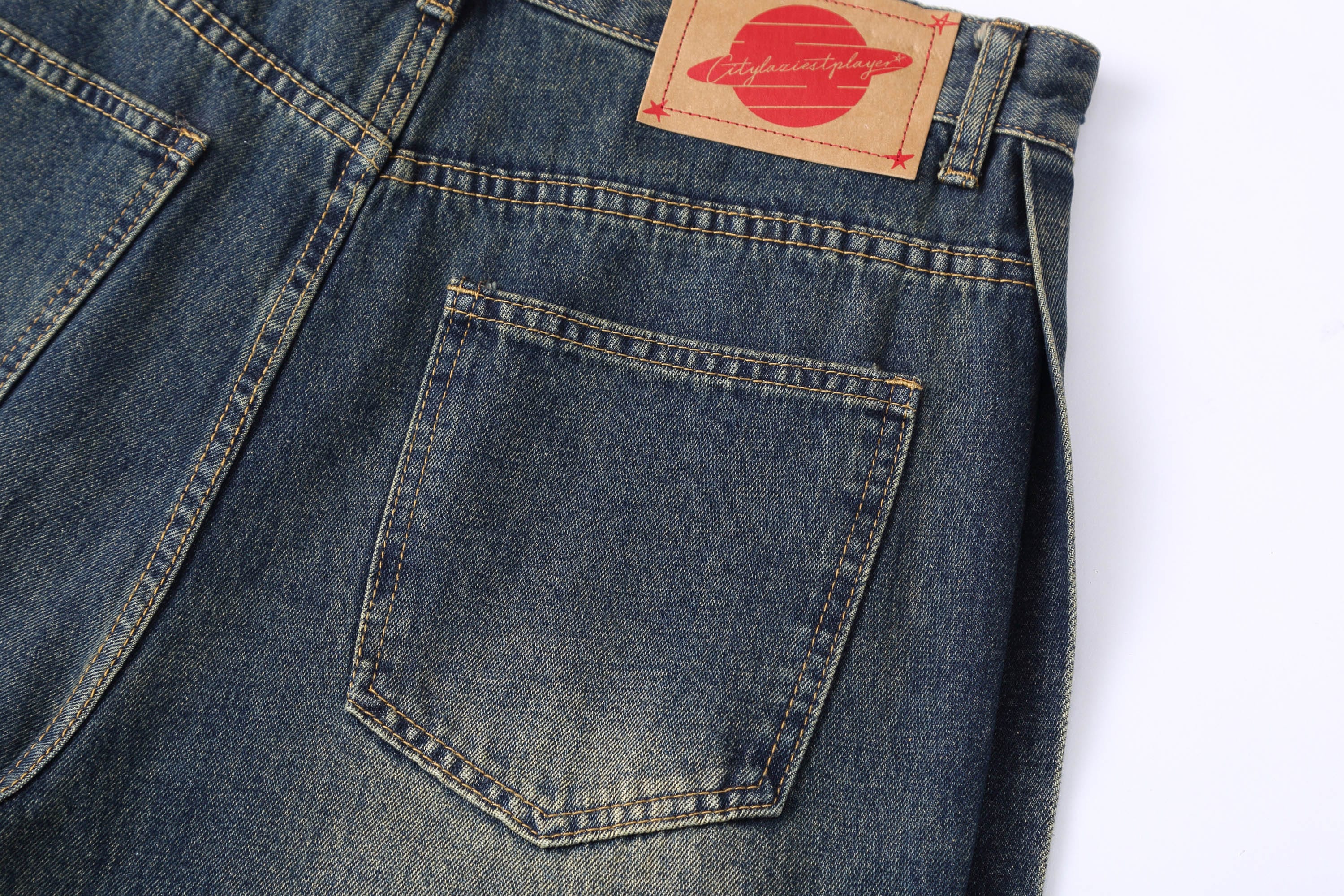 Heavy Distressed Buttoned Straight Leg Jeans