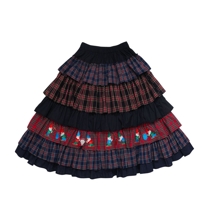 Plaid Gnome Print Tiered Ruffle Skirt