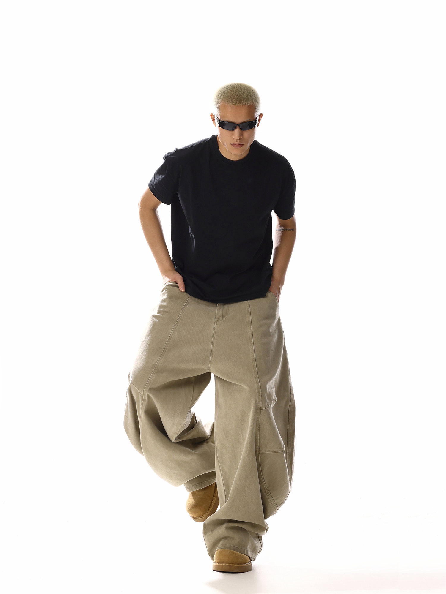 Washed barrel-leg utility pants khaki walking view