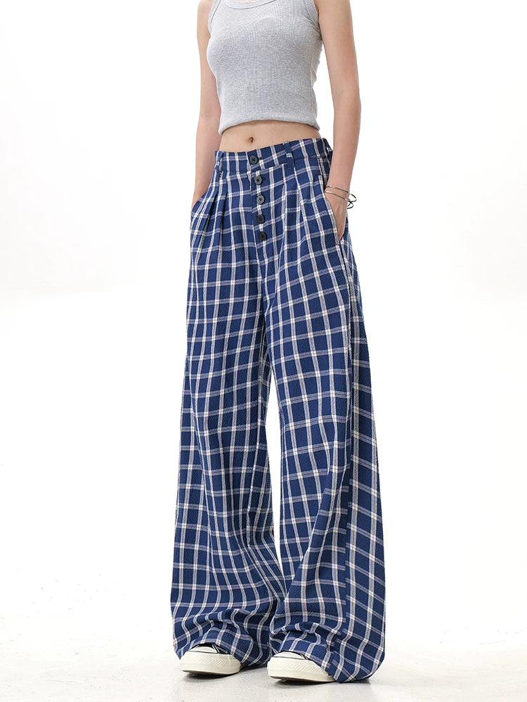 Plaid button wide-leg pants blue plaid angled view