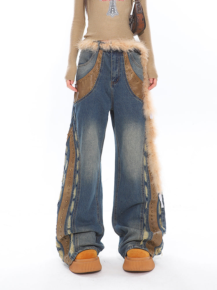 Studded Distressed Wide Leg Jeans