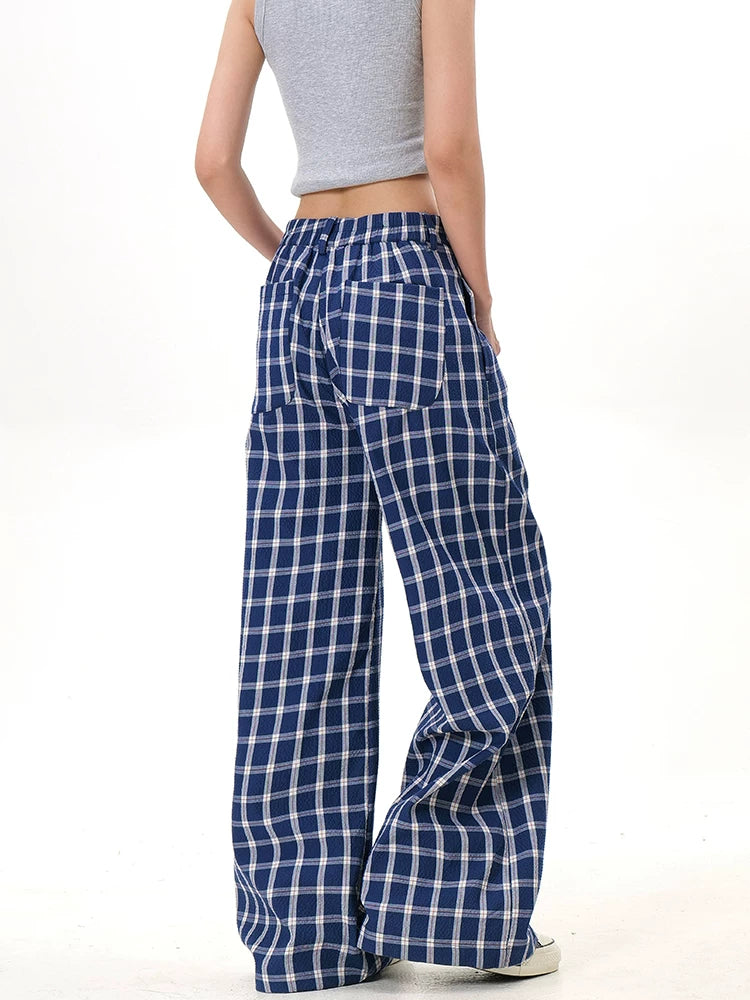 Plaid button wide-leg pants blue plaid back view