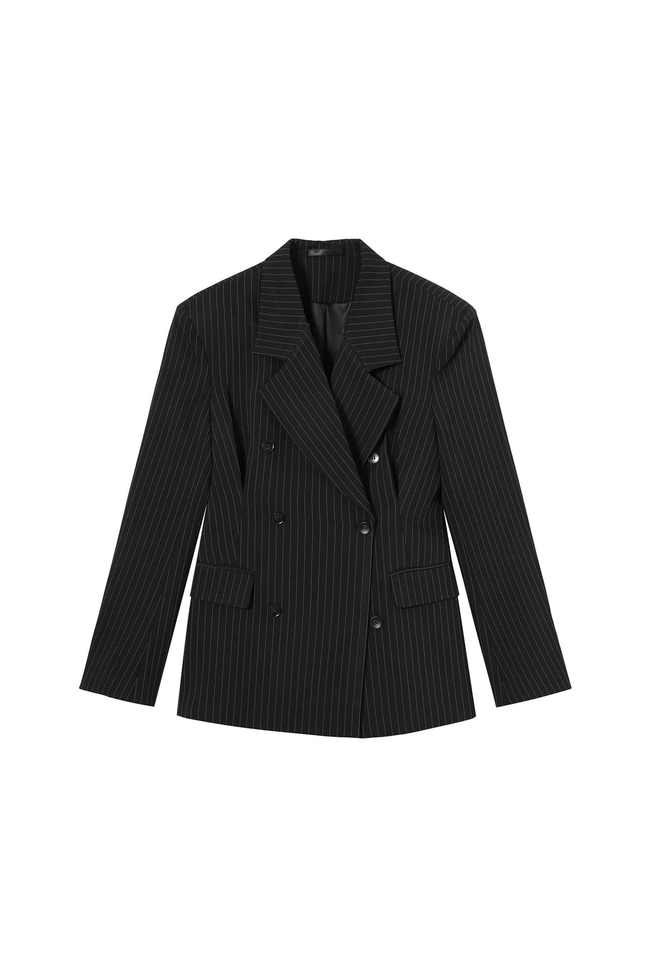 Black Pinstripe Cinched Waist Double-Breasted Blazer