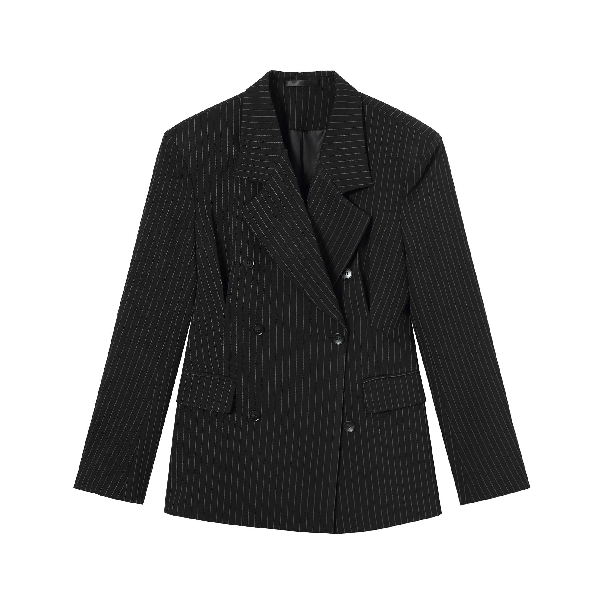 Black Pinstripe Cinched Waist Double-Breasted Blazer