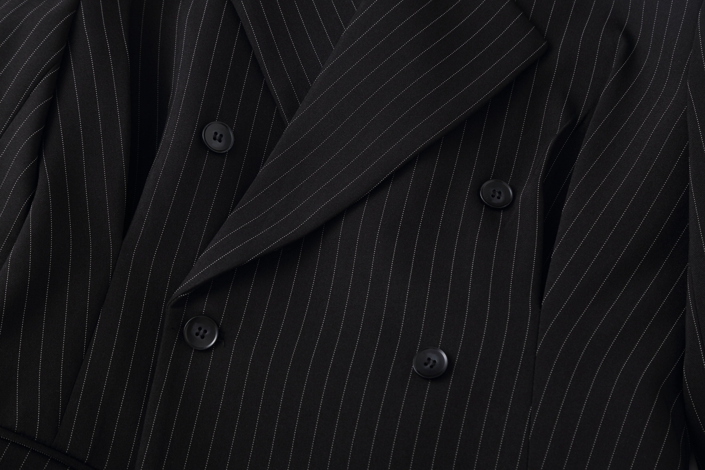 Black Pinstripe Cinched Waist Double-Breasted Blazer