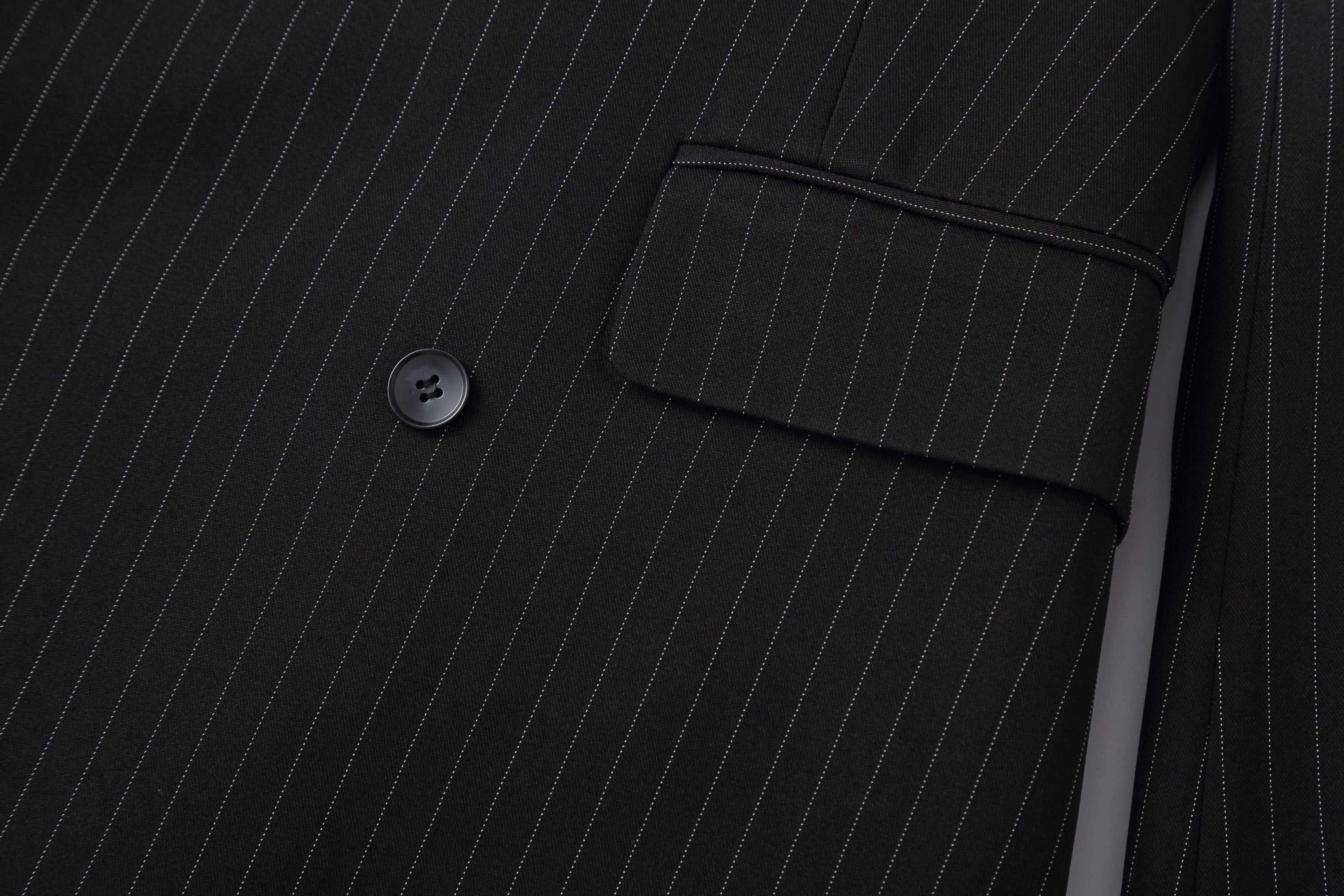 Black Pinstripe Cinched Waist Double-Breasted Blazer