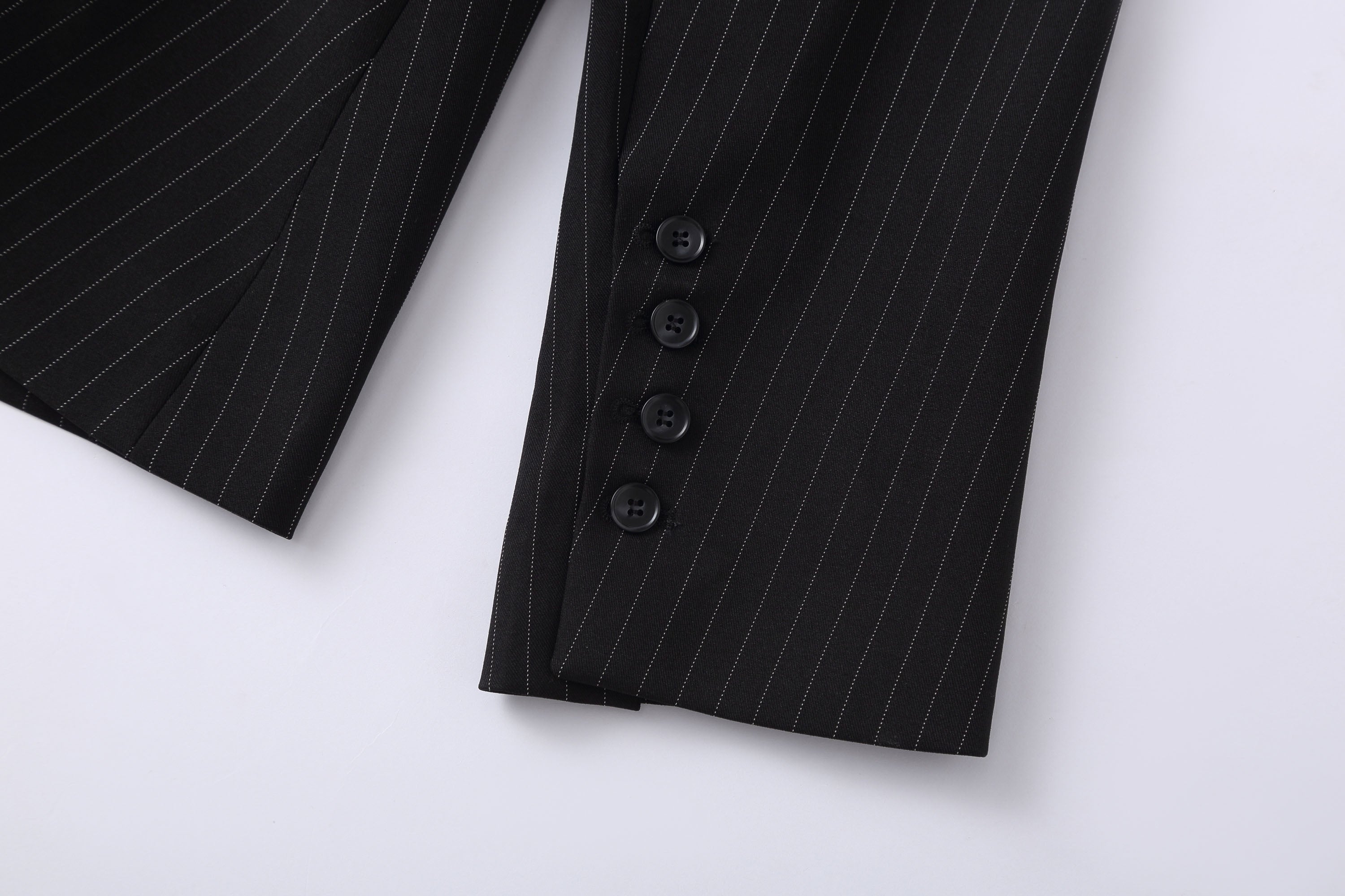 Black Pinstripe Cinched Waist Double-Breasted Blazer