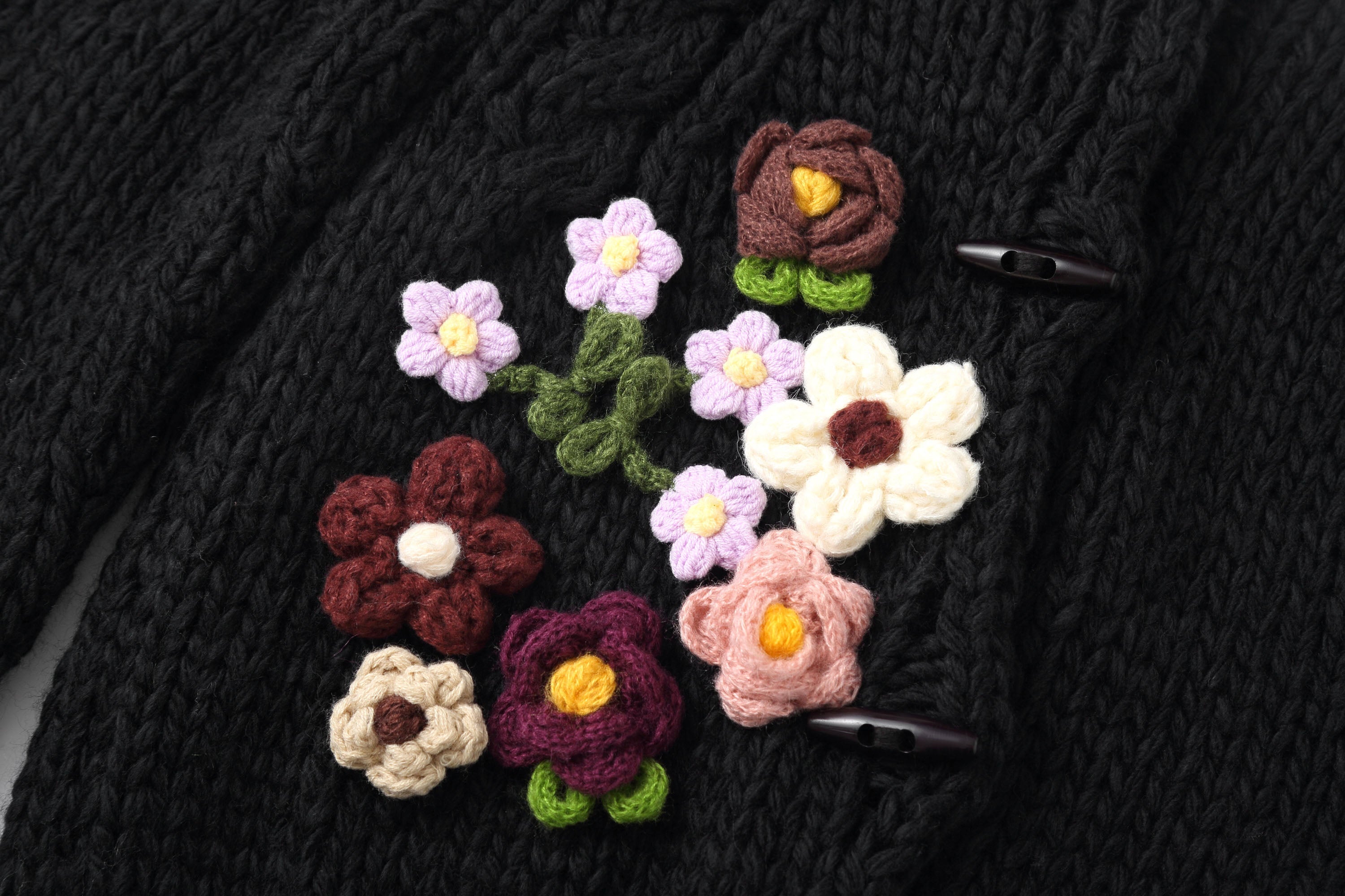 Chunky Knit Cardigan with Crocheted Flowers