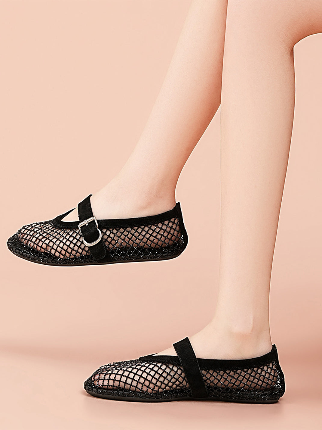 Woven Mesh Mary Jane Mules With Buckle Strap-Black