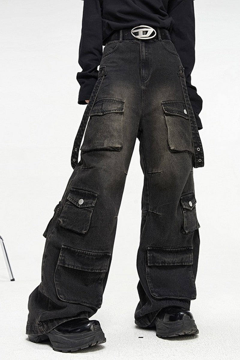 Utilitarian Oversized Multi-Pocket Straight Jeans - chiclara