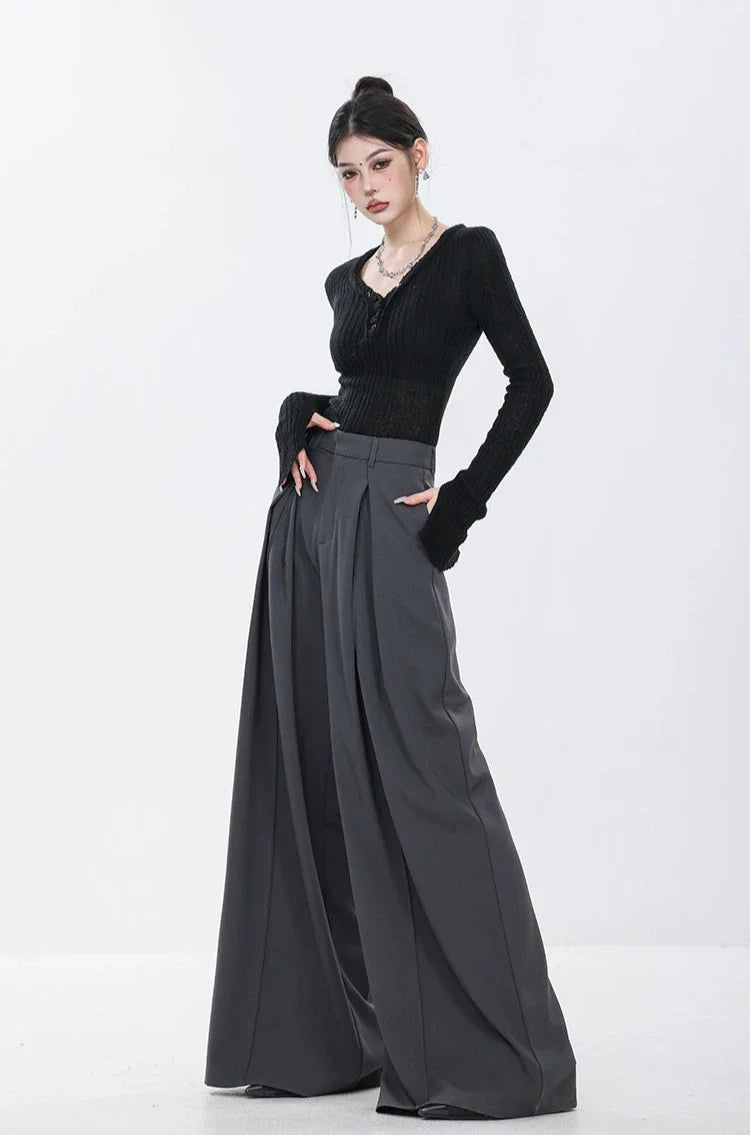 Gray Elegance Wide Leg Pleated Pants