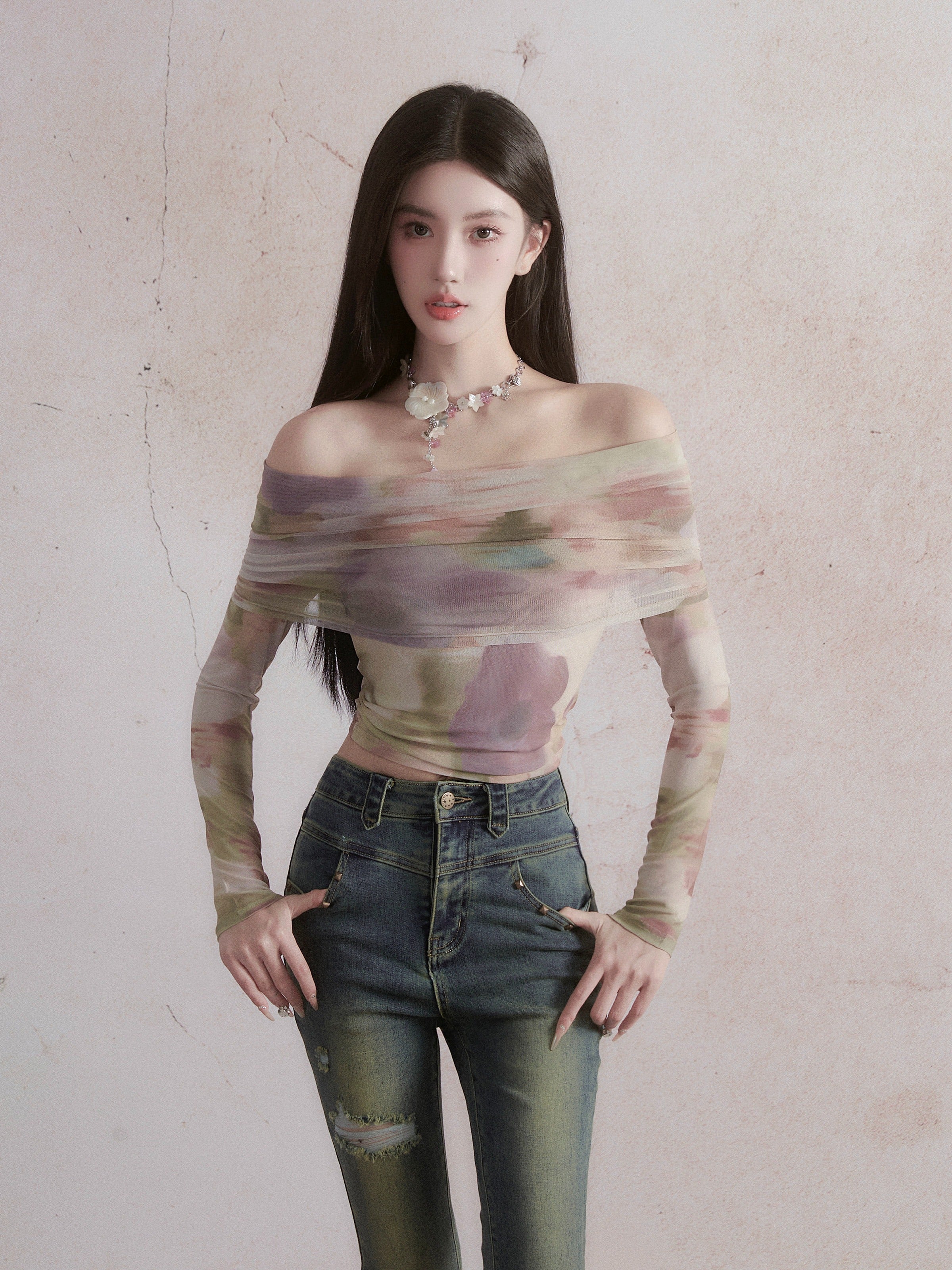 Dreamy Watercolor Off-Shoulder Crop Top: Pastel Tie-Dye Long Sleeve Blouse