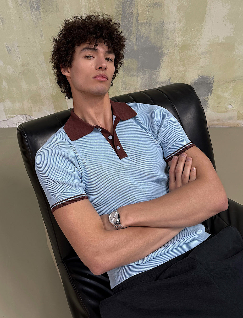 Retro Ribbed Polo Knit Light Blue