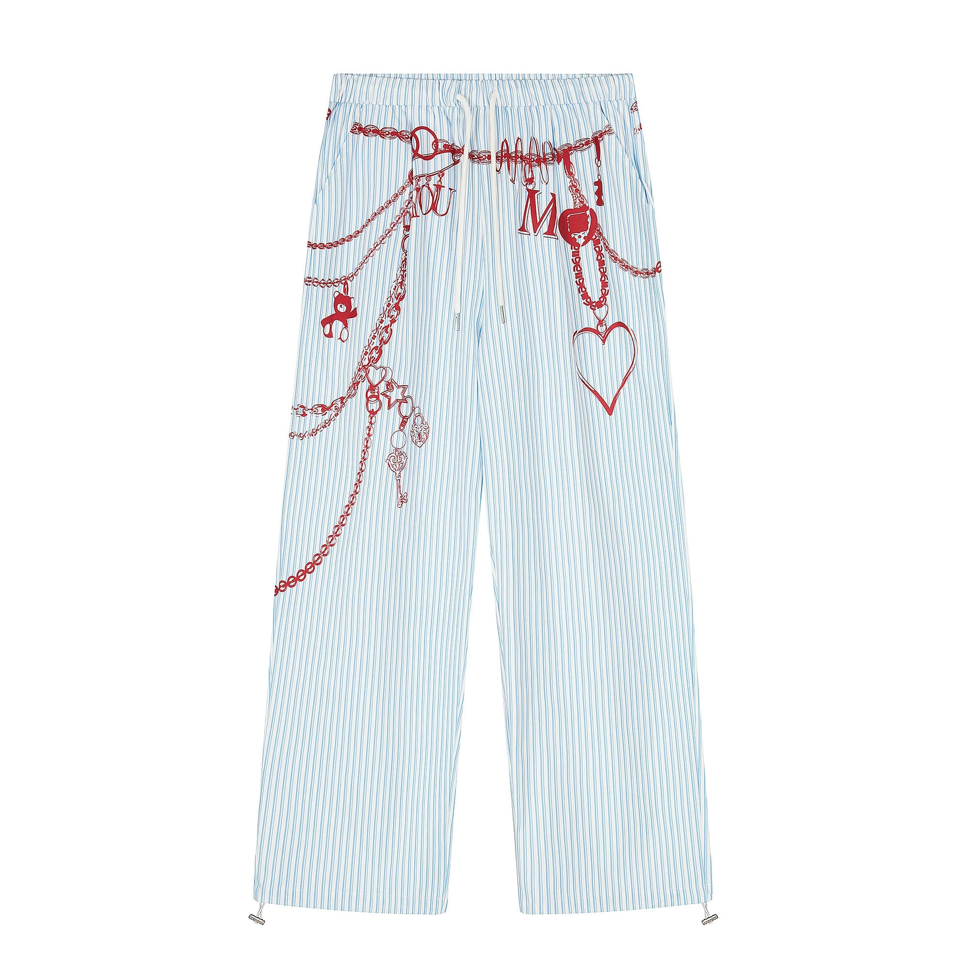 Blue Pinstripe Pants with Red Chain Print