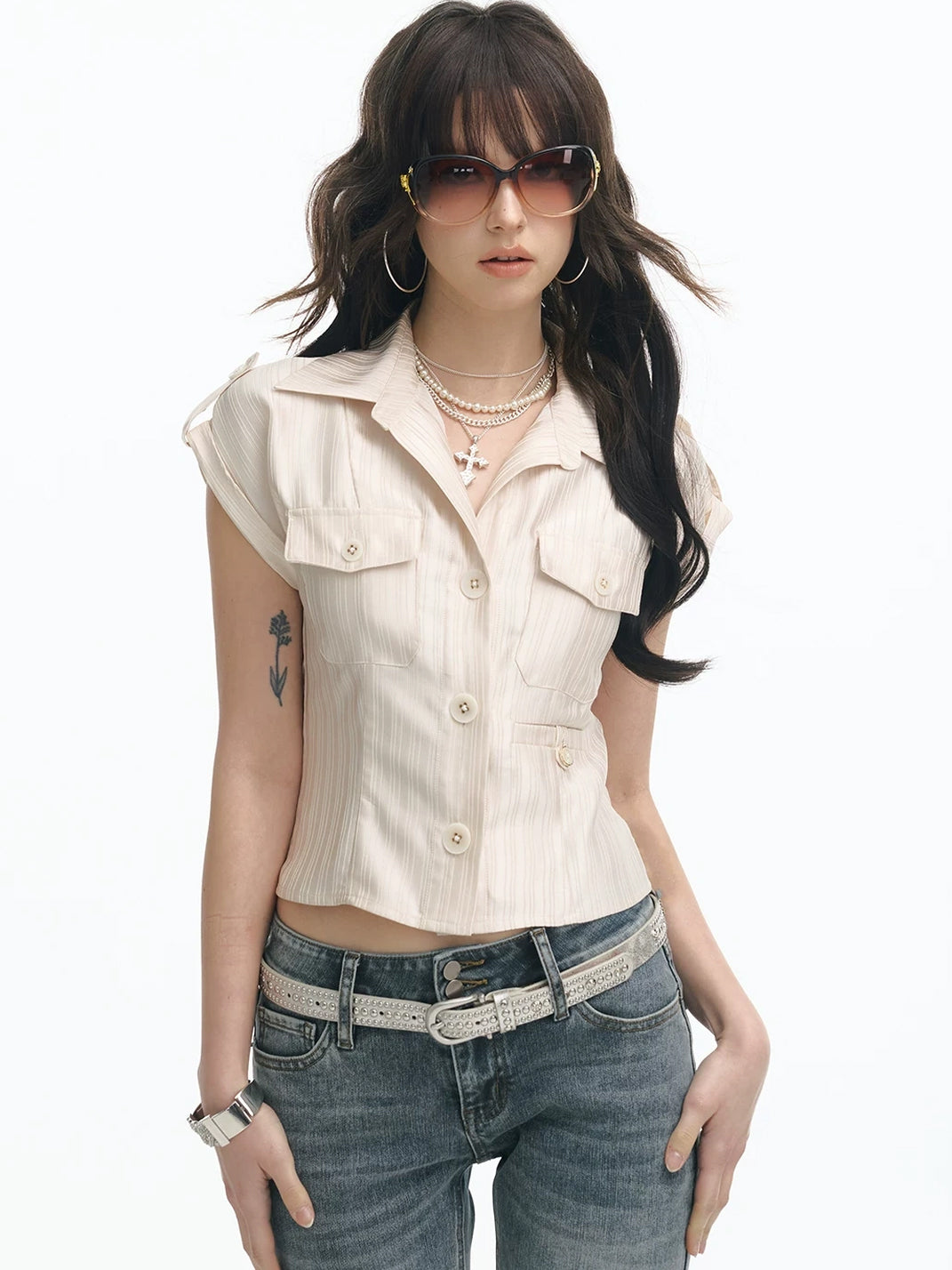 Champagne Satin-Stripe Fitted Utility Shirt - view 5