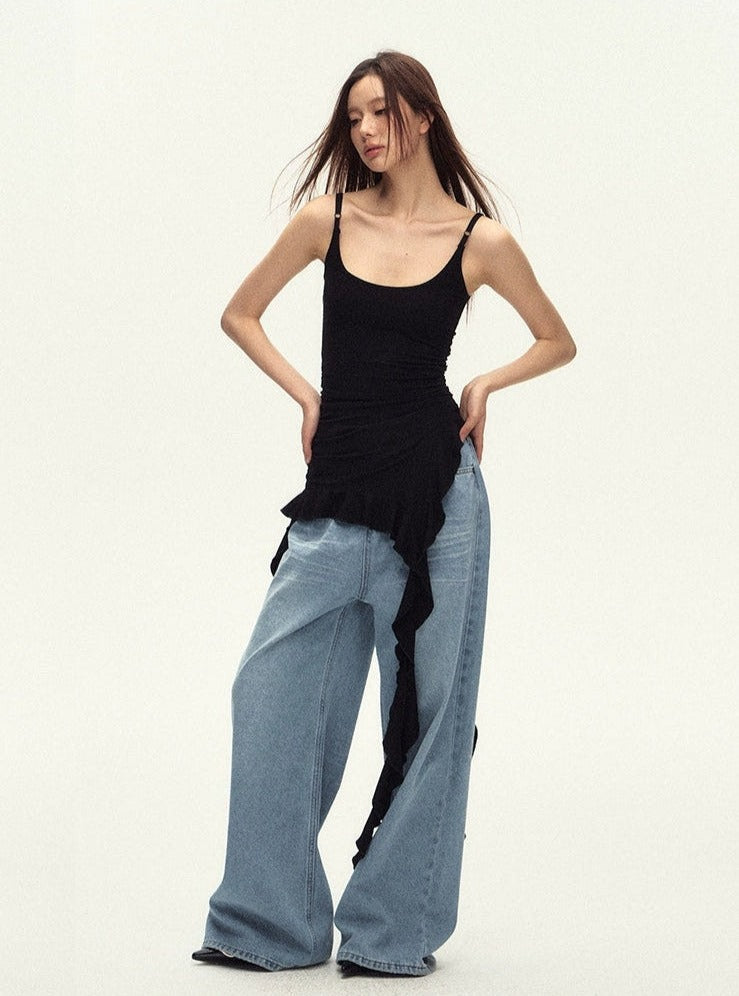 Ruched Asymmetric Black Cami Top