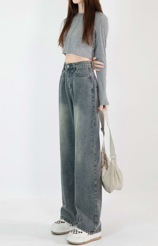 High-Waisted Faded Wide Leg Jeans