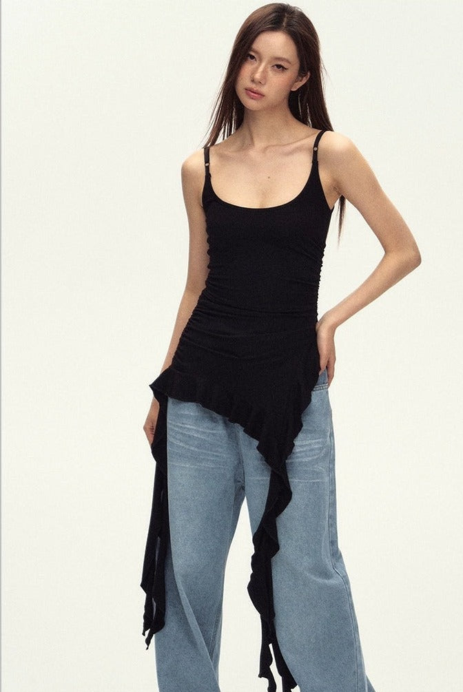 Ruched Asymmetric Black Cami Top
