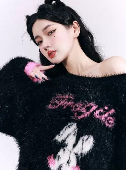 Fuzzy Bunny 'Fragile Heart' Sweater - Black and Pink Fluffy Graphic Jumper