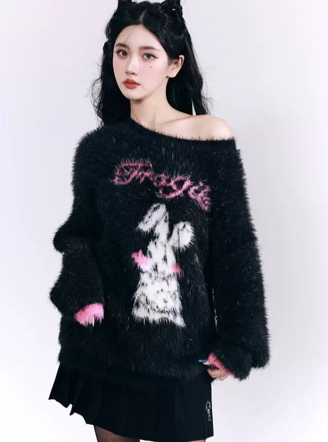 Fuzzy Bunny 'Fragile Heart' Sweater - Black and Pink Fluffy Graphic Jumper