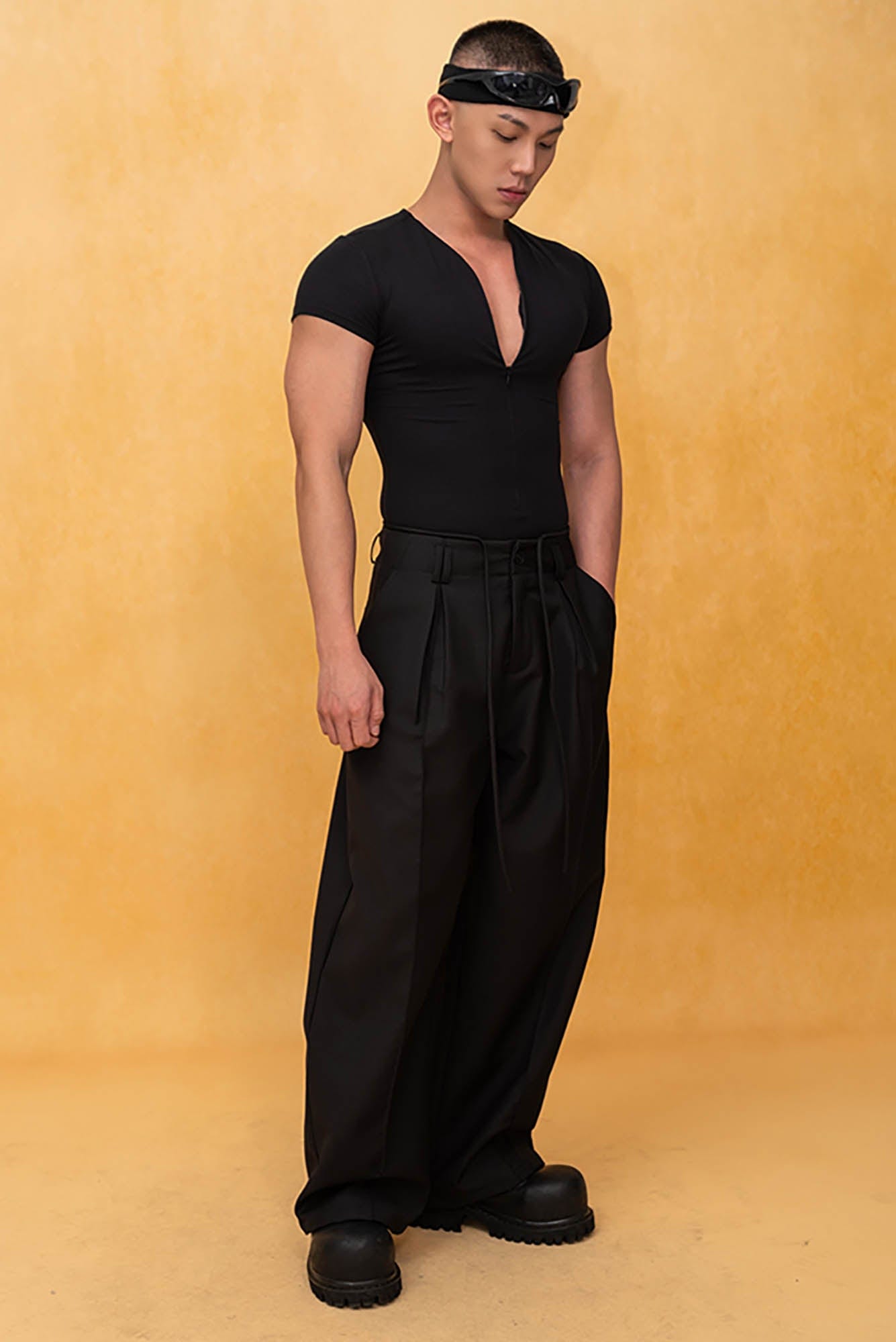 Wide-Leg Black Trousers with Drawstring Waist