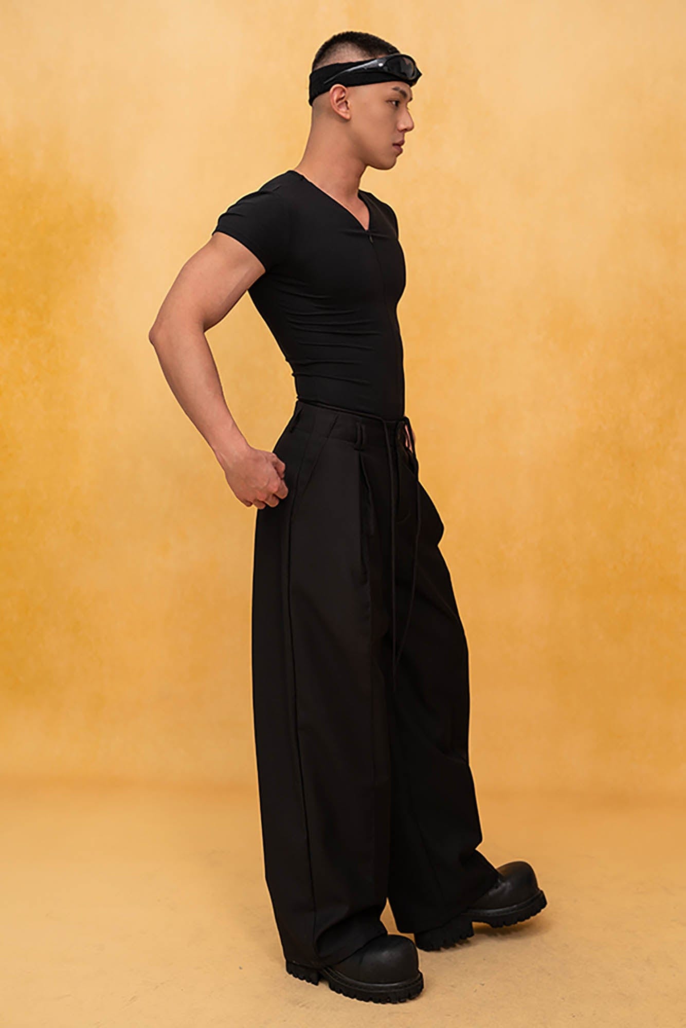 Wide-Leg Black Trousers with Drawstring Waist