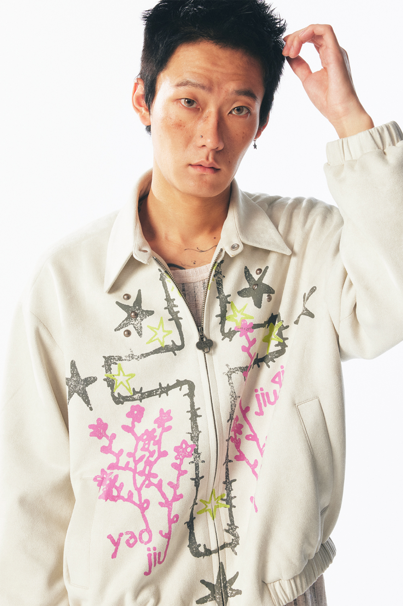 Floral Cross Faux Suede Zip Jacket