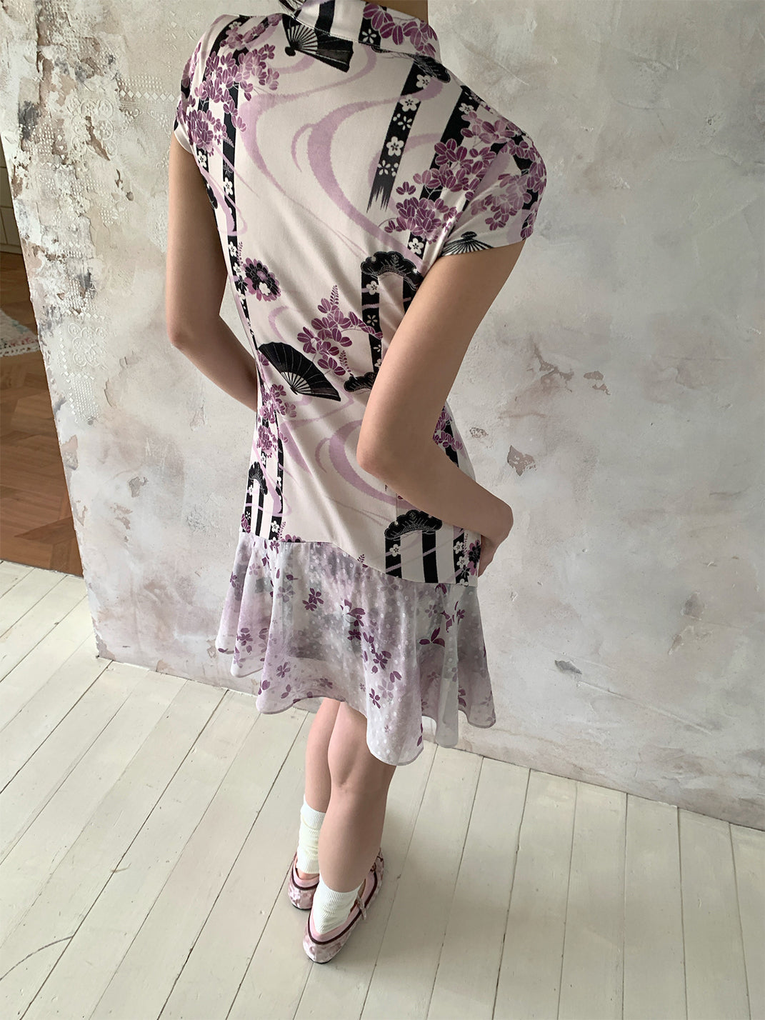 Spliced Collar Print Cheongsam Dress