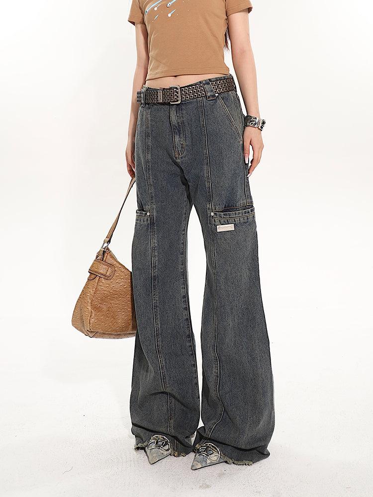 Full-Length Washed and Distressed Straight-Leg Jeans - chiclara