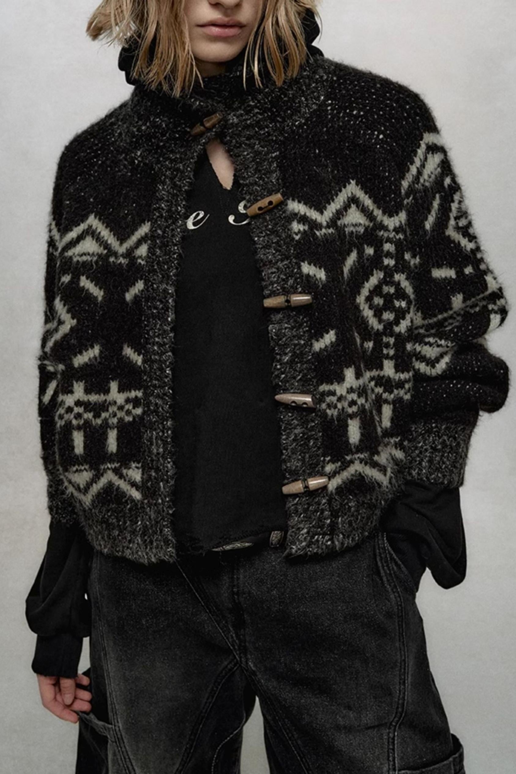 Patterned Wool Mock Neck Cardigan