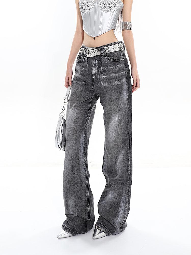 Stylish Dark Gray Silver-Washed Straight-Leg Jeans - chiclara