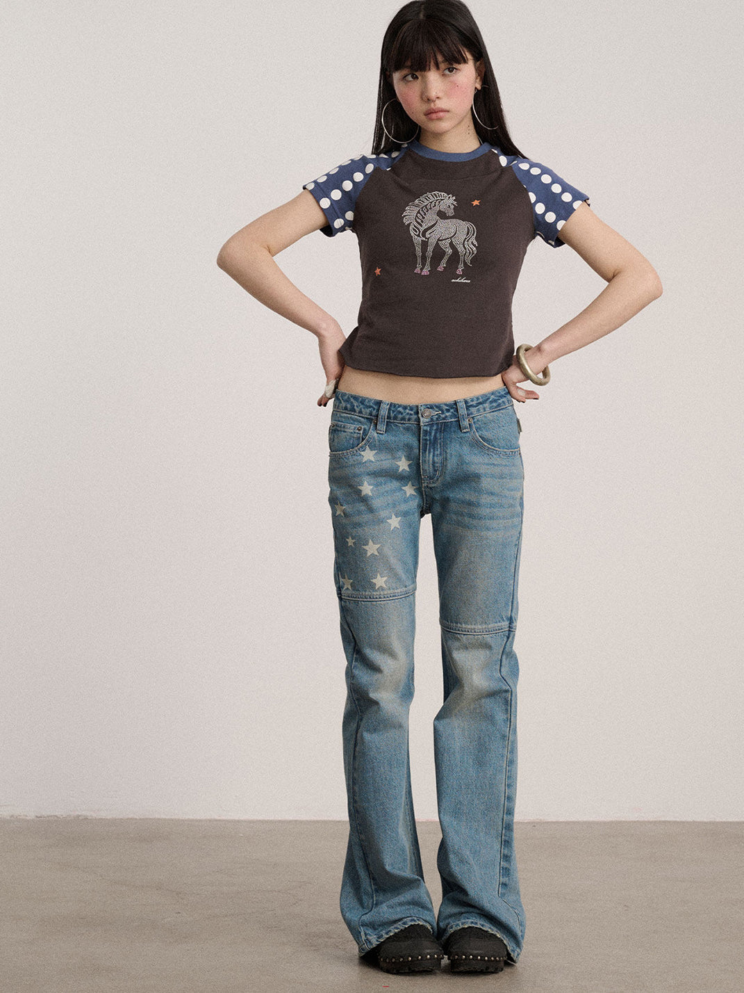 Star Panel Low-Waist Flare Jeans