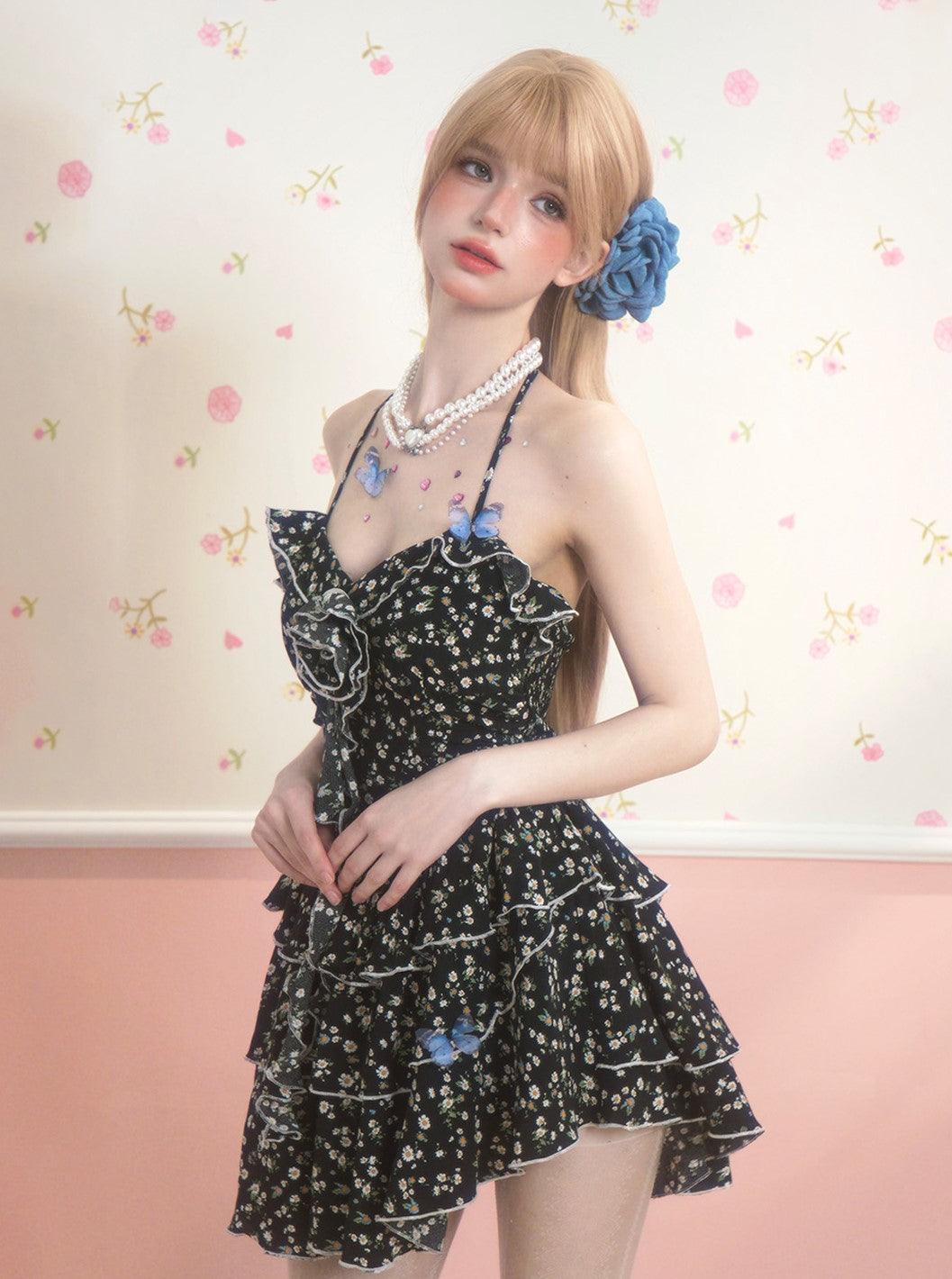 Elegant Black Floral Suspender Skater Dress - chiclara