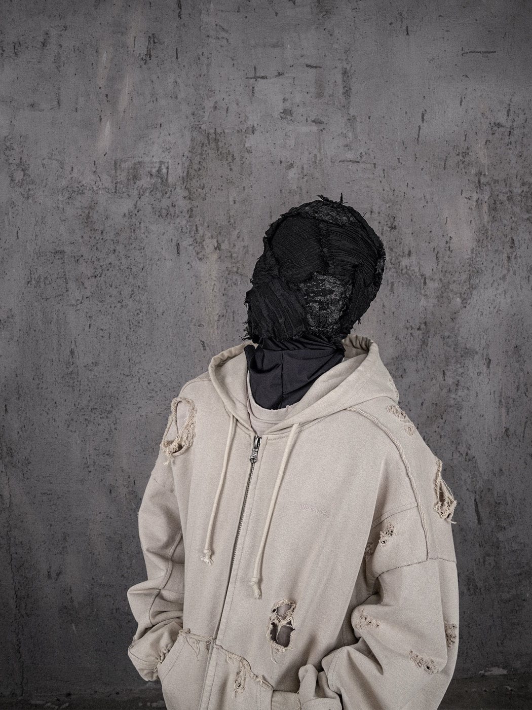 Distressed Beige Zip-up Hoodie